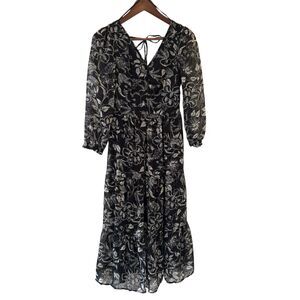 Dark‎ Romantic Bohemian Womens Tiered Midi Dress Black S Floral Indie Concert